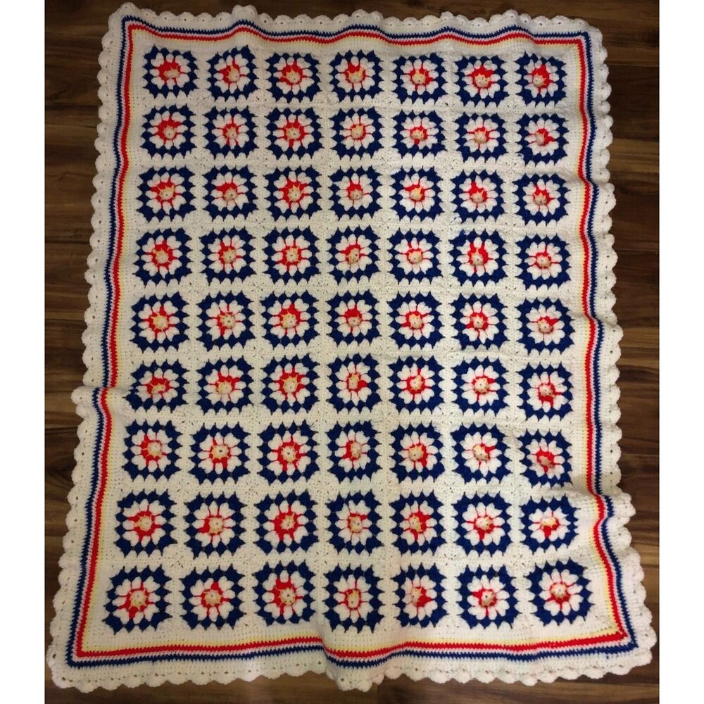 Granny Square Afghan Crochet Blanket 3D Flower Scalloped 42 x 52 White Red Blue